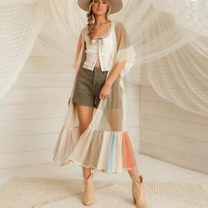Gimmicks from Buckle Colorful Sheer Duster with White Top and Olive Shorts